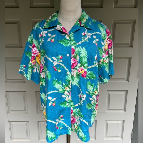Lauren Ralph Lauren Turquoise Blue Linen Floral Linen Button Down Shirt - Picture 1 of 6